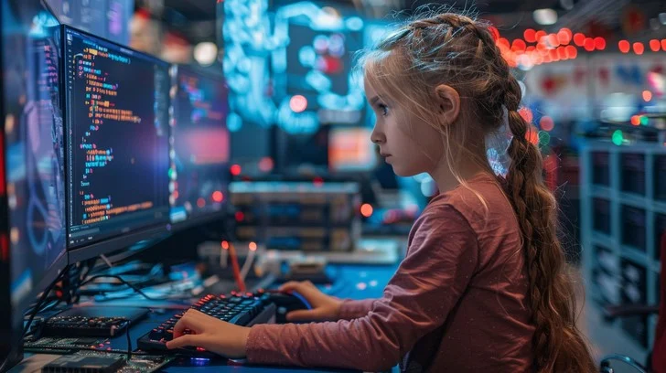 	Visual of a girl coding a game or designing a game map