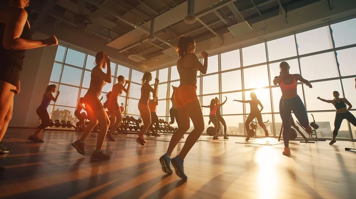 Group fitness class promoting community-based training at Lumolog