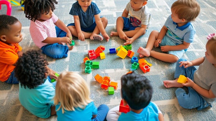 Children playing together with educational toys to enhance social and emotional skills.